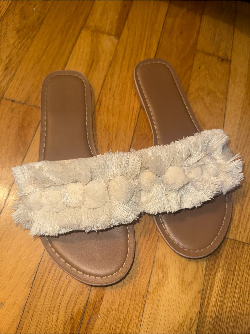 SHEIN Cream Fringe Pom-Pom Slide Sandals